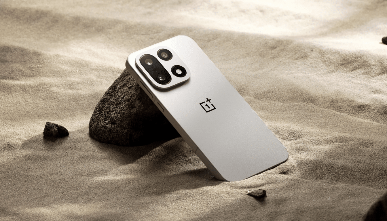 A professional shot of a silver OnePlus smartphone resting against a dark rock on sandy ground .