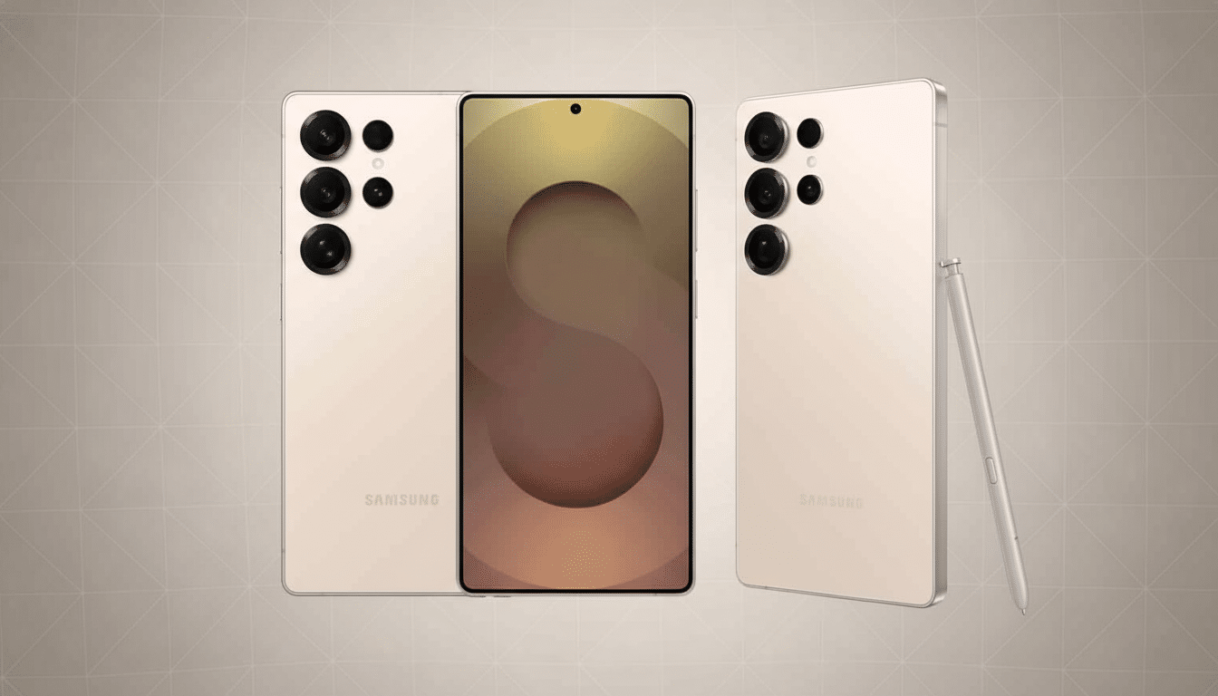 A professional image of a cream -colored Samsung S 23 Ultra, presented from front and back angles, with an S- Pen stylus , against a soft gray- brown gradient background. Filename : samsungs 23ultra cream 1 69. png