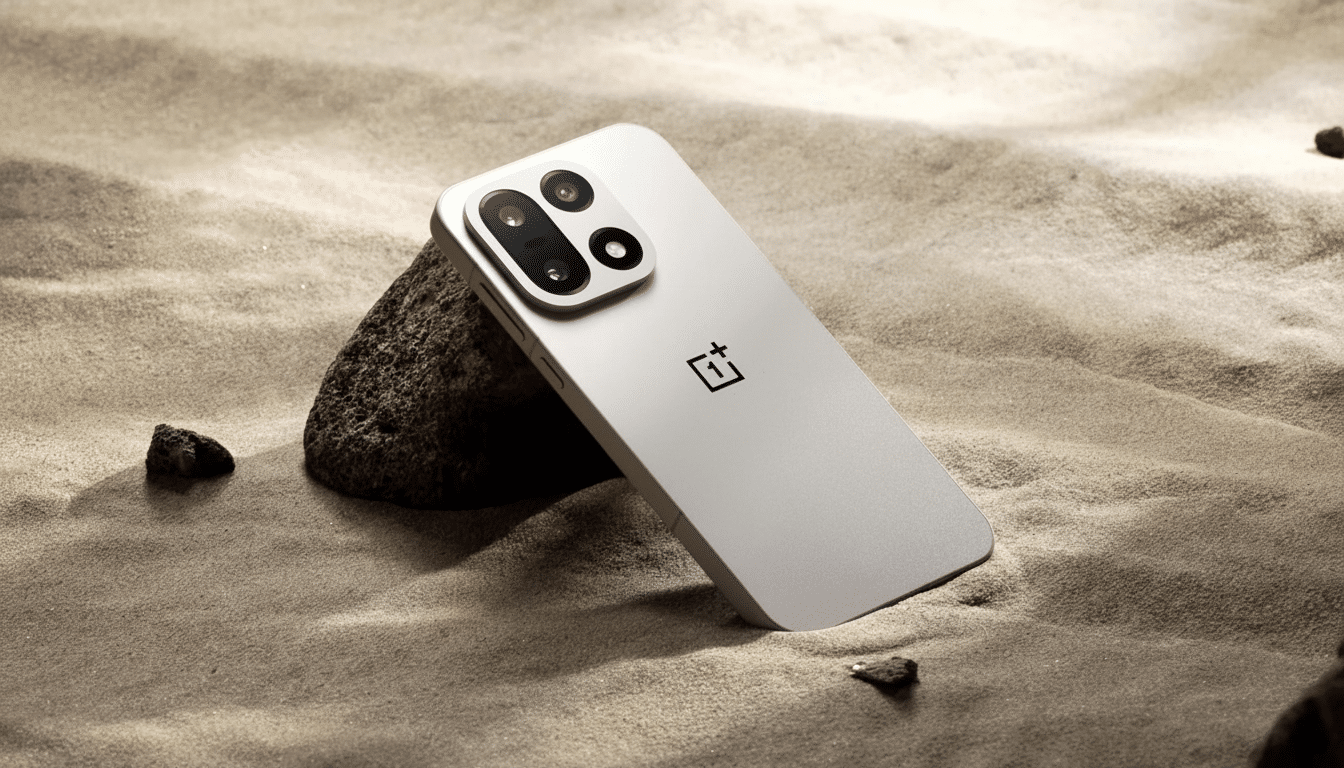 A modern silver smartphone with a dual -camera system on the back, resting against a dark rock on a sandy surface . The OnePlus logo is visible on the phone' s back.