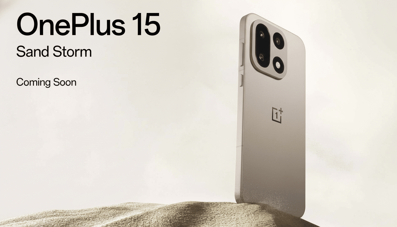 A professional image of the OnePlus 15 Sand Storm smartphone , standing upright on a sandy surface , with One Plus 15 Sand Storm Coming Soon text on a light background.