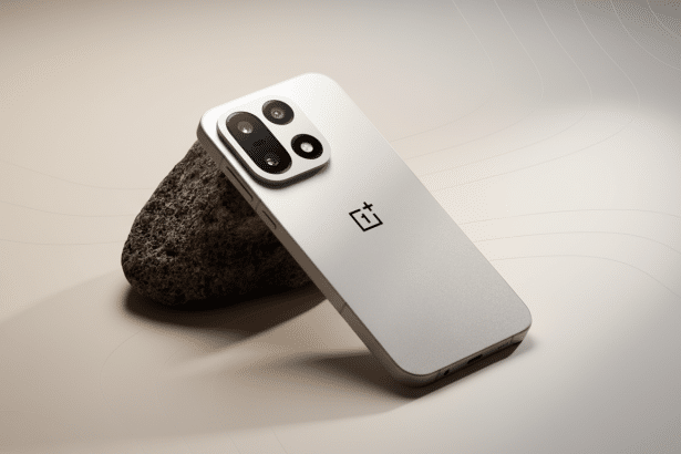 A professional , enhanced image of a white OnePlus phone lying on a clean , professional flat background with soft patterns and gradients. Filename : oneplus phoneprofessional 1 69. png