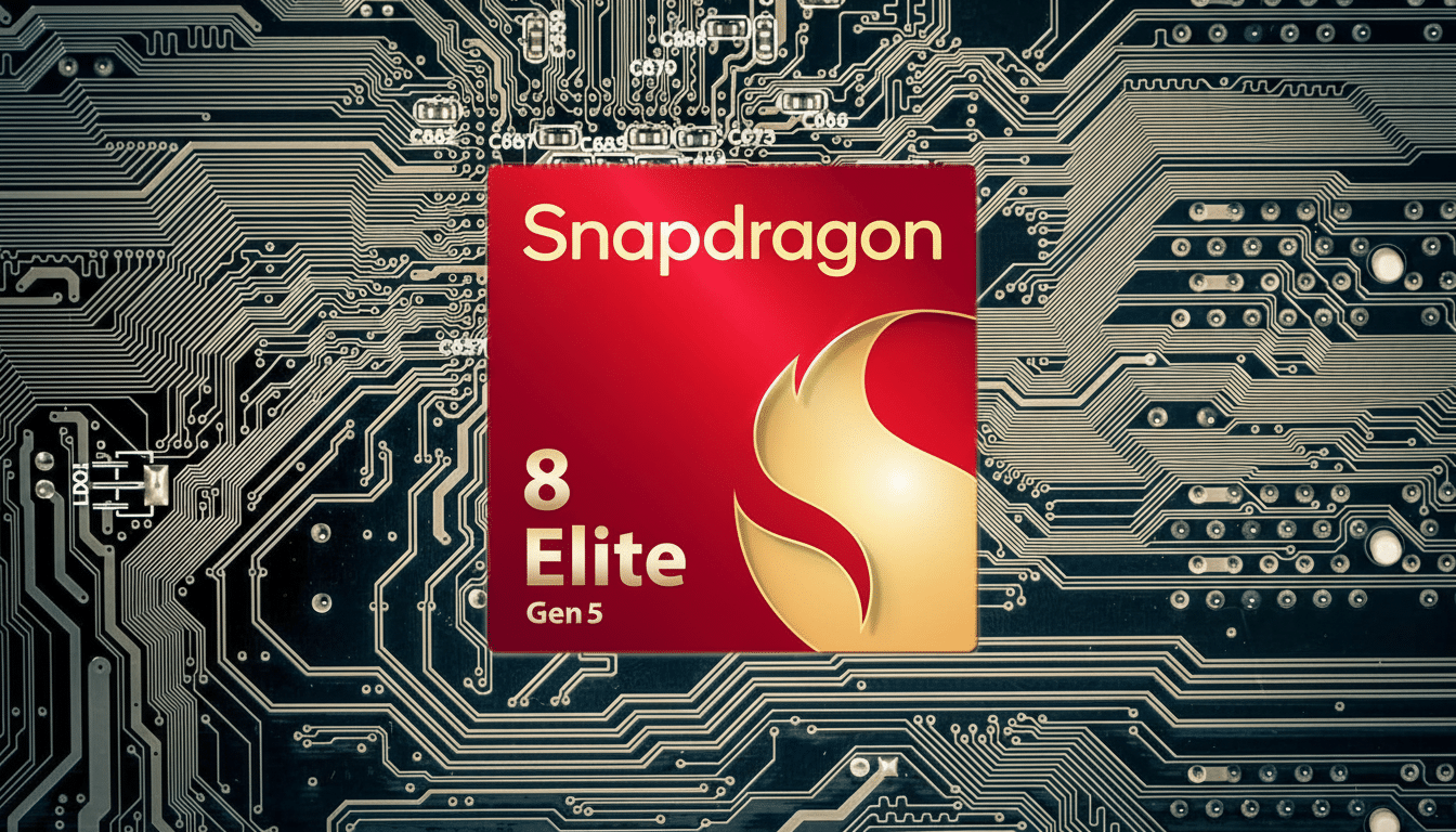 A red and gold Snapdragon 8 Elite Gen 5 chip logo placed on a dark circuit board background, resized to a 16: 9 aspect ratio.