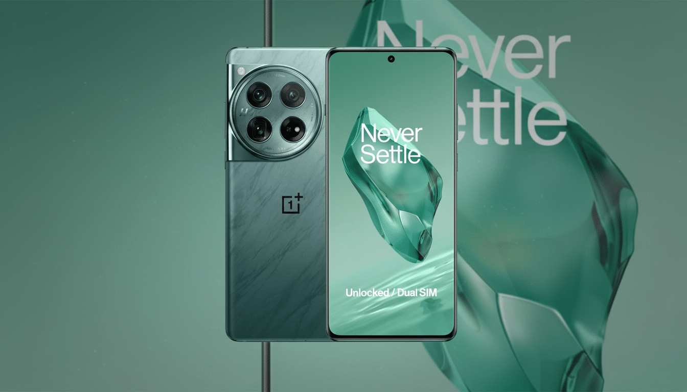 A green OnePlus smartphone is displayed with its front screen showing Never S ettle and Unlocked / Dual SIM, and its back featuring a prominent camera module and the OnePlus logo, against a matching green professional background with a subtle abstract design. Filename : oneplus smartphone16 9. png