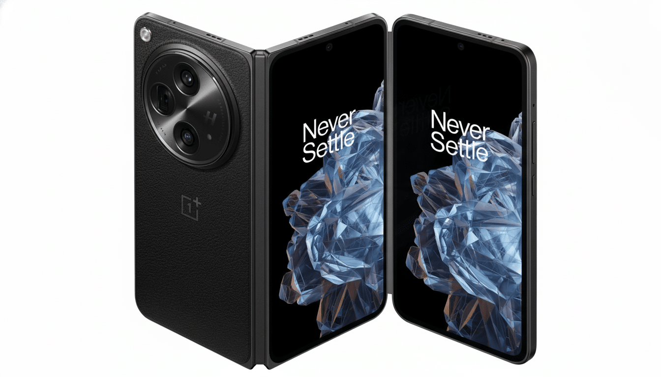 A black OnePlus Open foldable phone displayed partially open with its camera array visible on the left panel and the Never Settle slogan on the right screen .
