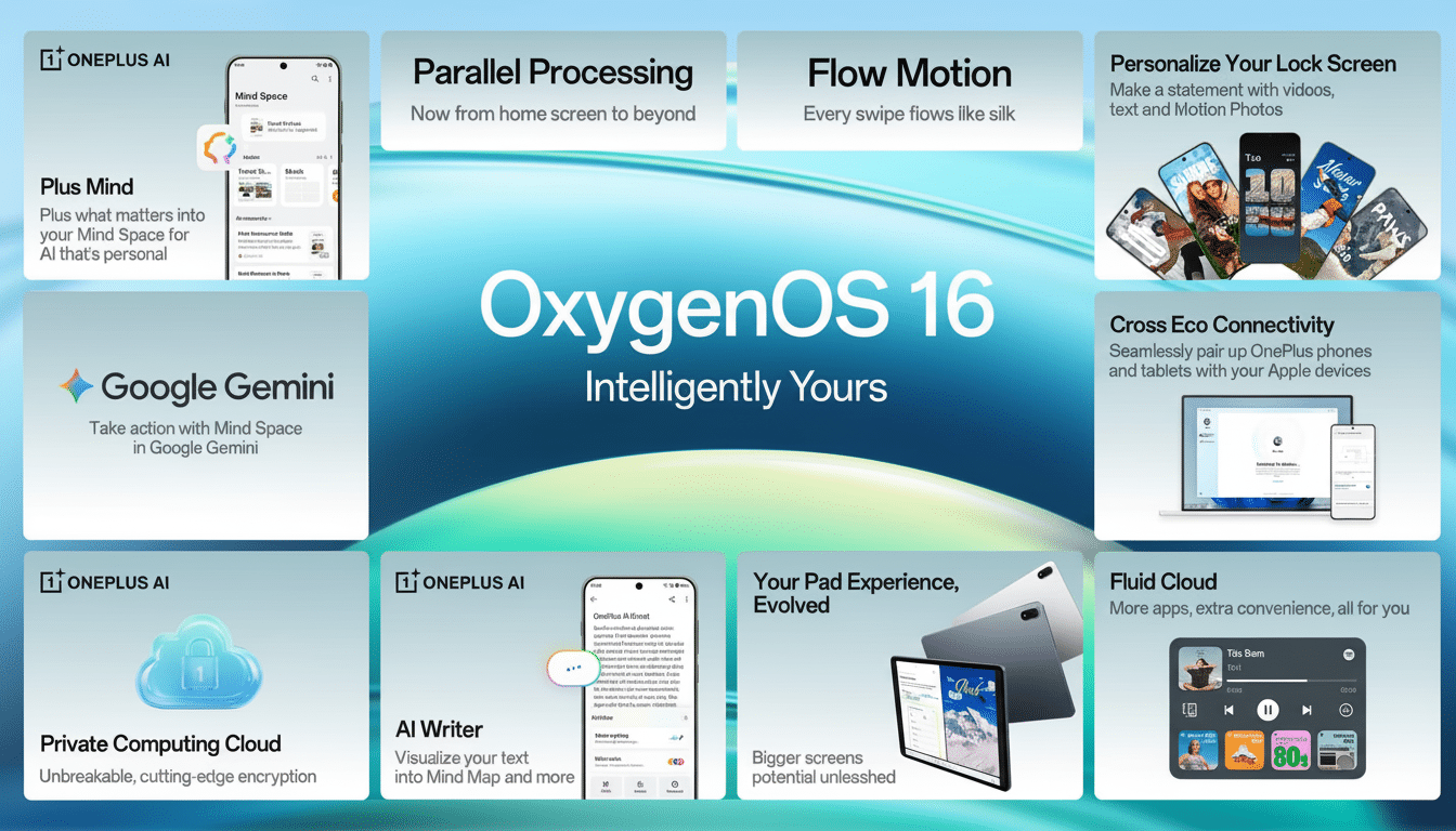 An advertisement for OxygenOS 16, highlighting features like Mind Space, Google Gemini integration, parallel processing, personalized lock screens, cr