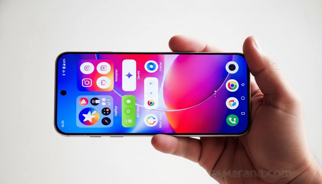 A hand holding a smartphone horizontally, displaying a vibrant home screen with various app icons, resized to a 1 6: 9 aspect ratio while maintaining