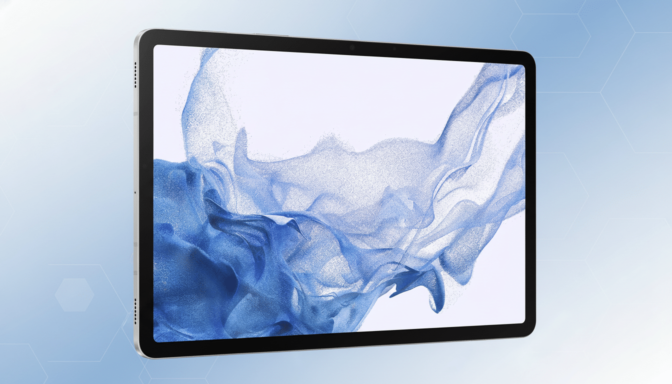 A silver tablet with a screen displaying blue flowing particles, presented at an angle on a light blue background with subtle hexagonal patterns.