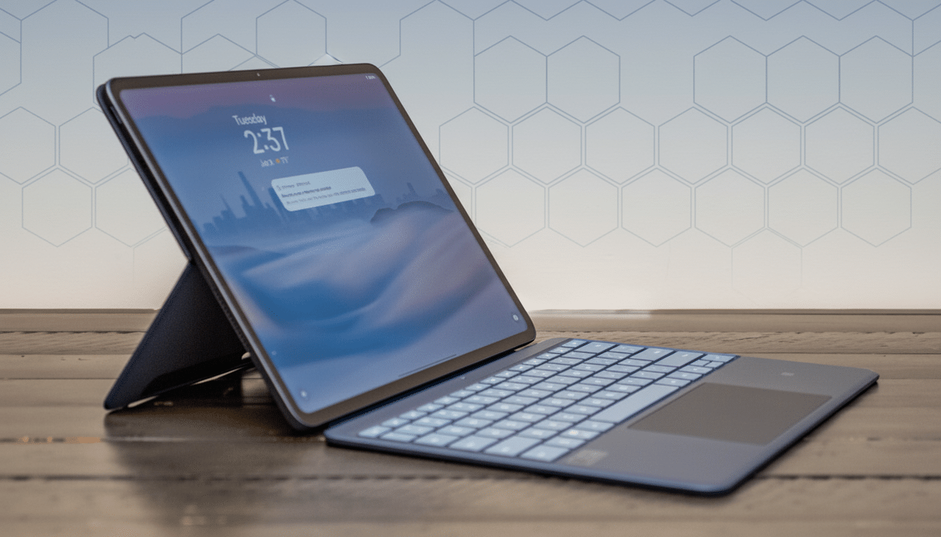 A professional shot of a tablet with an attached keyboard, displaying a lock screen with the time and a city landscape wallpaper.