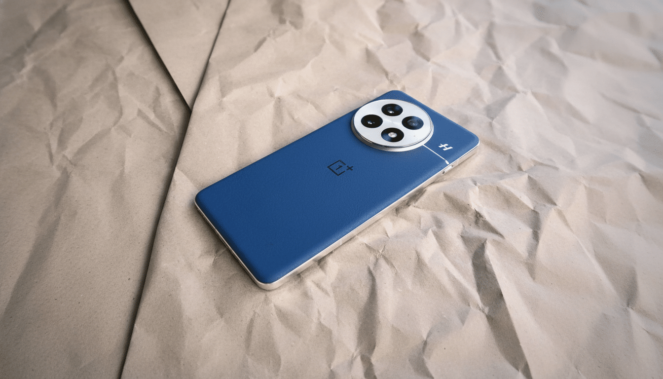 A blue OnePlus smartphone with a silver camera module resting on crumpled brown paper. Filename : oneplus phone brown paper.png