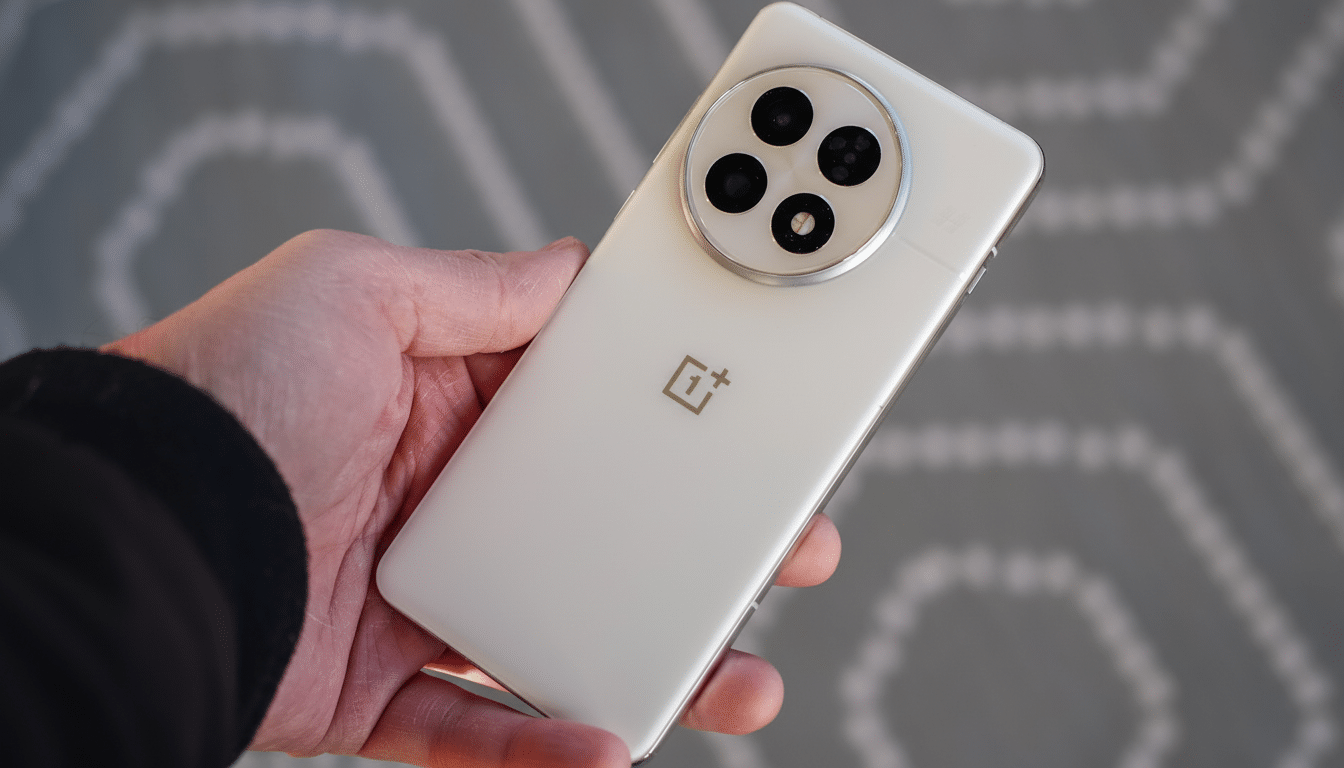 A hand holding a white OnePlus smartphone with a large circular camera module featuring four lenses.