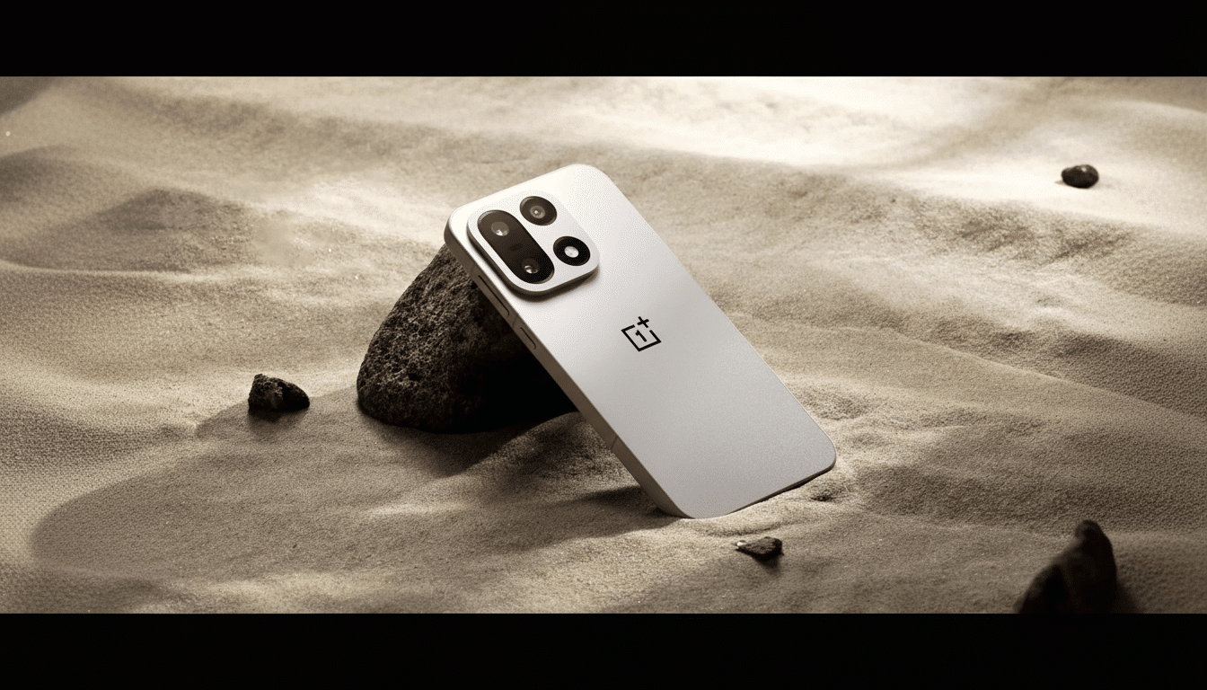 A white OnePlus smartphone rests against a dark rock on sandy ground , showcasing its camera module and logo.