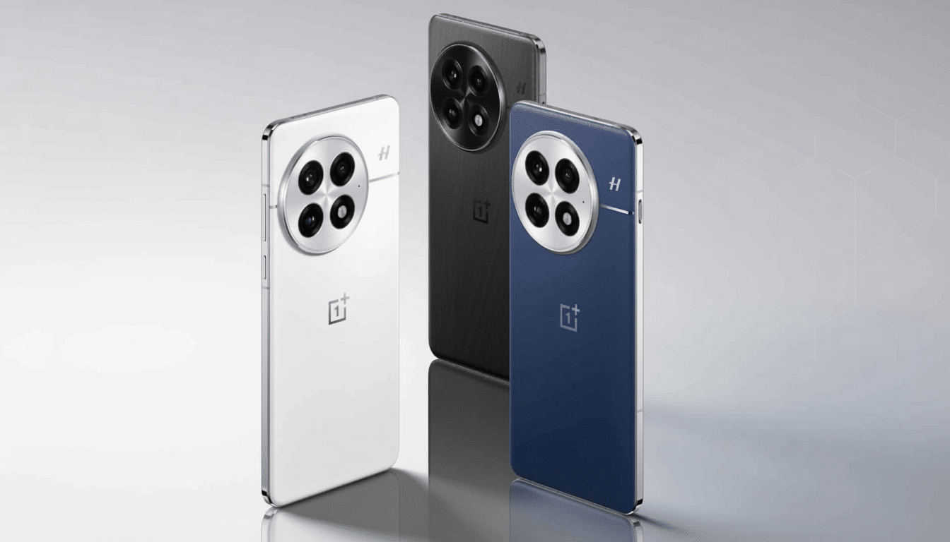 Three OnePlus phones, in white, black, and blue, displayed on a gradient background, showcasing their camera modules and brand logos.