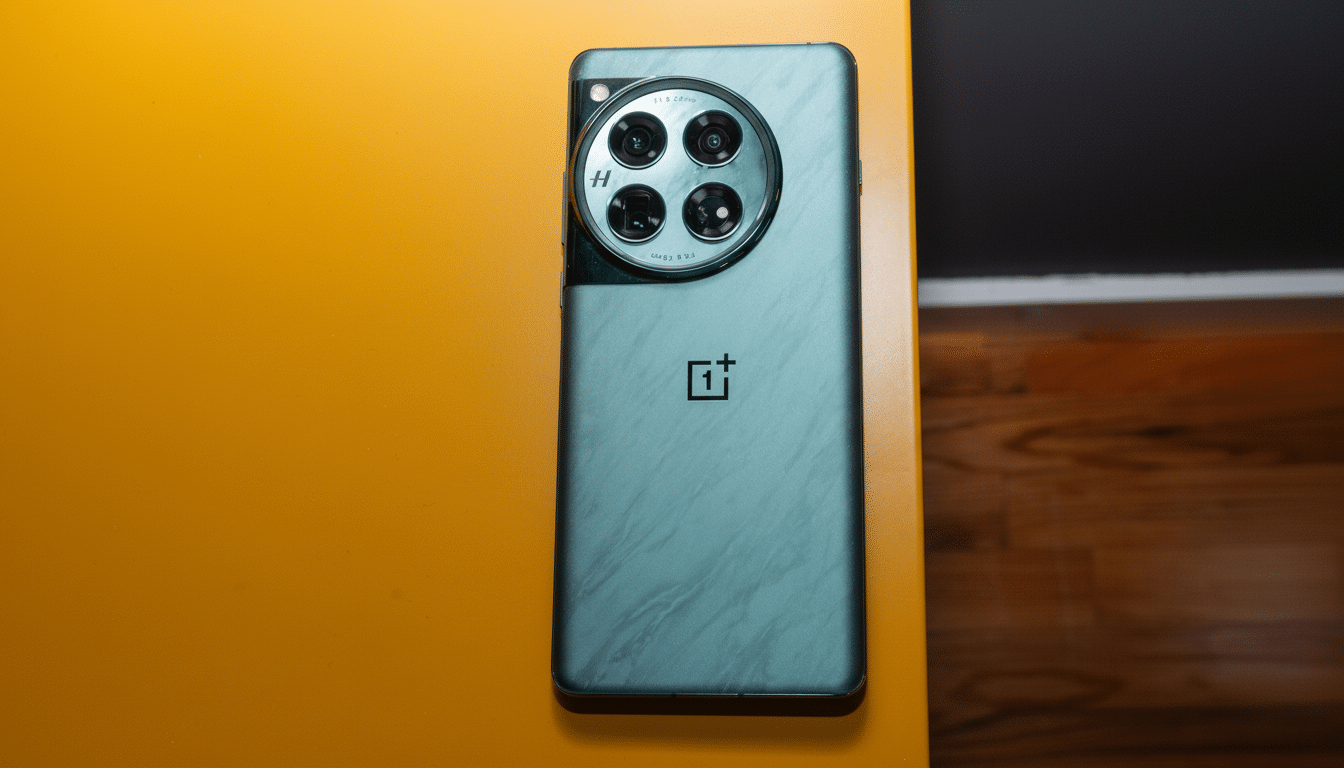 A green OnePlus smartphone with a prominent circular camera module featuring four lenses, resting on a bright orange surface. The phone' s back has a subtle textured finish and the OnePlus logo is visible in the center.