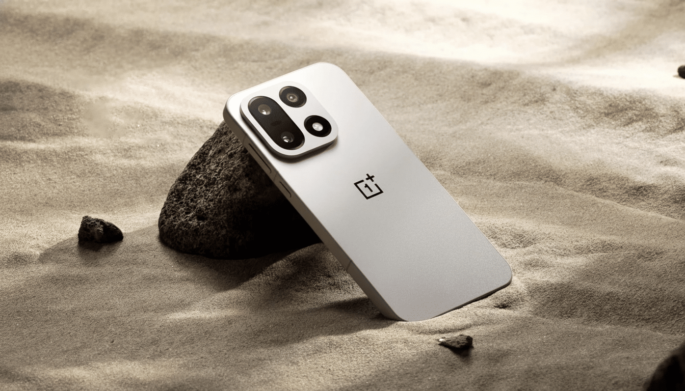 A professional shot of a silver OnePlus smartphone with multiple camera lenses, resting against a dark rock on sandy ground with small pebbles scattered around. Filename : oneplus smartphonesand professional .png