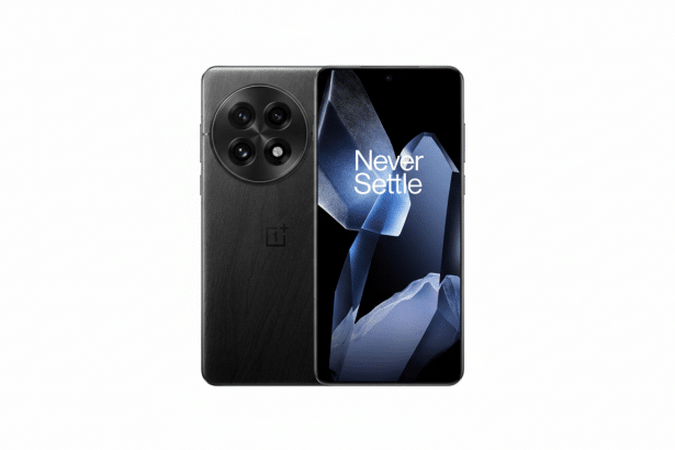 A professional shot of a black OnePlus smartphone with its back and front visible, set against a clean white background. The front screen displays the