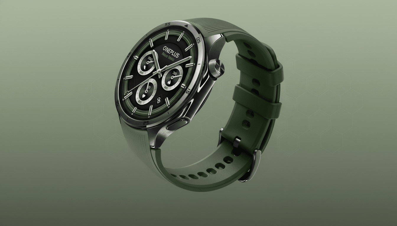A professional shot of a OnePlus smartwatch with a dark green strap and a black watch face, presented on a subtle green background with a honeycomb pattern.