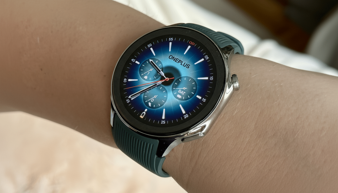 A professional shot of a OnePlus smartwatch with a blue watch face and green strap, worn on a person 's wrist.