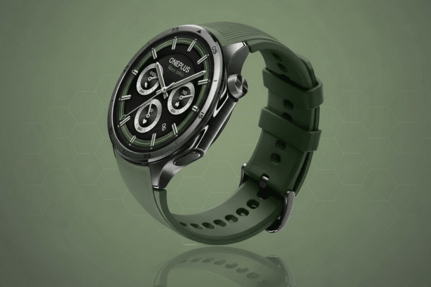 A professional shot of a dark green OnePlus Watch 2 with a black face and white accents, positioned at an angle against a deep olive green background with a subtle honeycomb pattern. Filename : oneplus watch2 greenprofessional. png