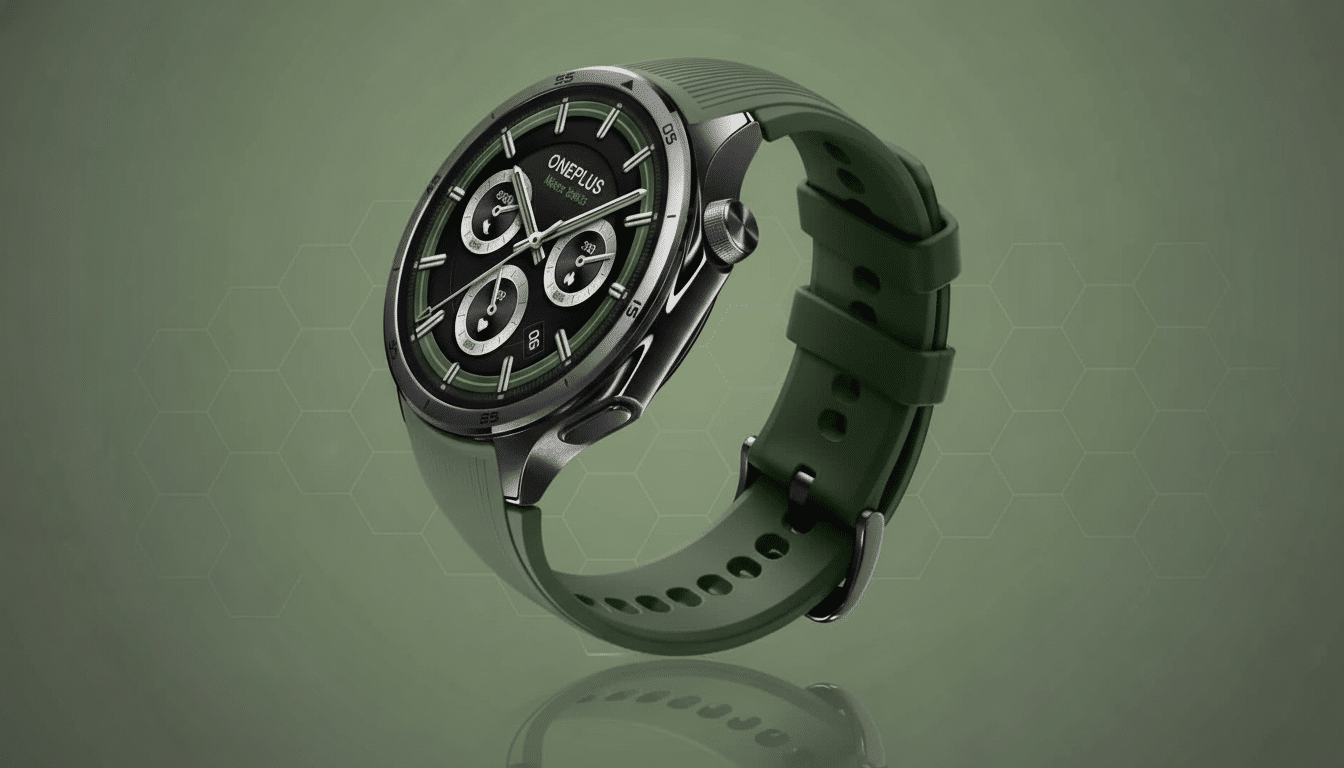 A professional shot of a dark green OnePlus Watch 2 with a black face and white accents, positioned at an angle against a deep olive green background with a subtle honeycomb pattern. Filename : oneplus watch2 greenprofessional. png