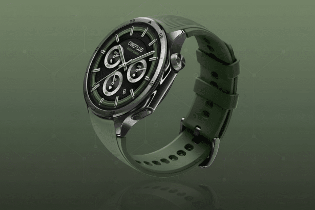 A professional shot of a dark green OnePlus Watch 2 with a black face and white accents, positioned diagonally against a complementary green background with a subtle geometric pattern. Filename : oneplus watch2 greenprofessional. png