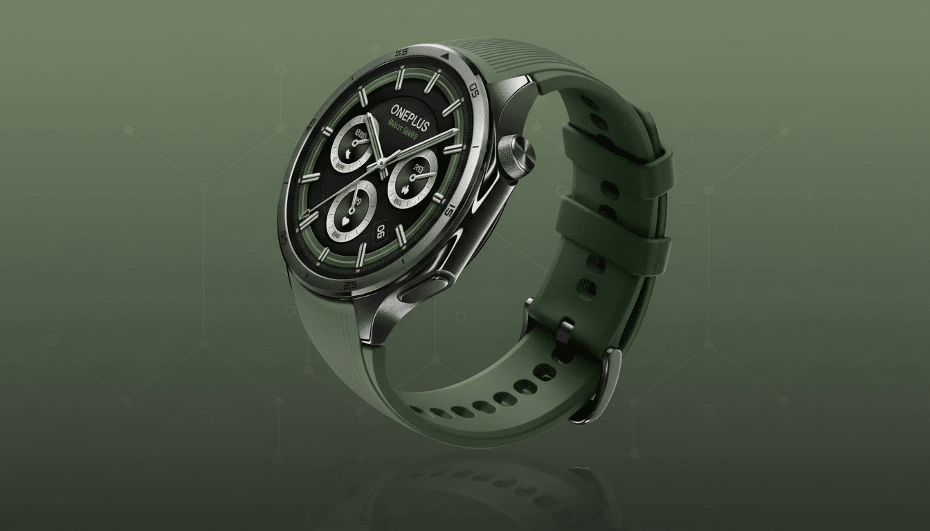 A professional shot of a dark green OnePlus Watch 2 with a black face and white accents, positioned diagonally against a complementary green background with a subtle geometric pattern. Filename : oneplus watch2 greenprofessional. png
