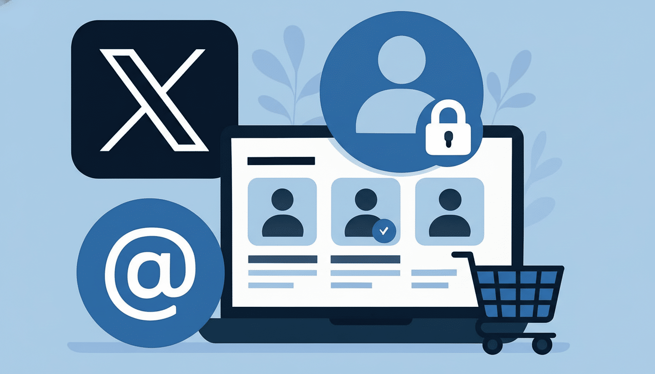 An illustration depicting online privacy and user accounts with a laptop showing user profiles, a shopping cart, and icons for security , an at symbol , and a social media platform.