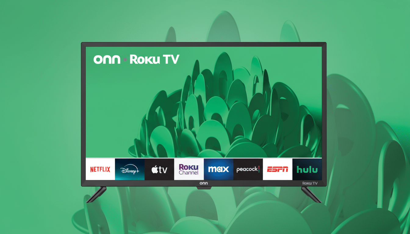 An On n Roku TV displaying various streaming app logos on a green background with abstract shapes, resized to a 16: 9 aspect ratio and enhanced with a