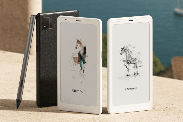 A professional shot of two white Onyx Bo ox P6 Pro e-readers, one with a colorful horse illustration and the other with a black- and-white horse illus