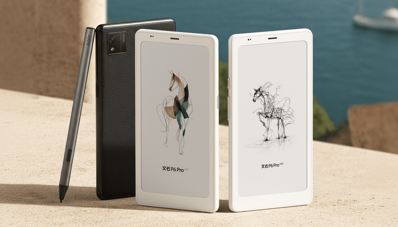 A professional shot of two white Onyx Bo ox P6 Pro e-readers, one with a colorful horse illustration and the other with a black- and-white horse illus