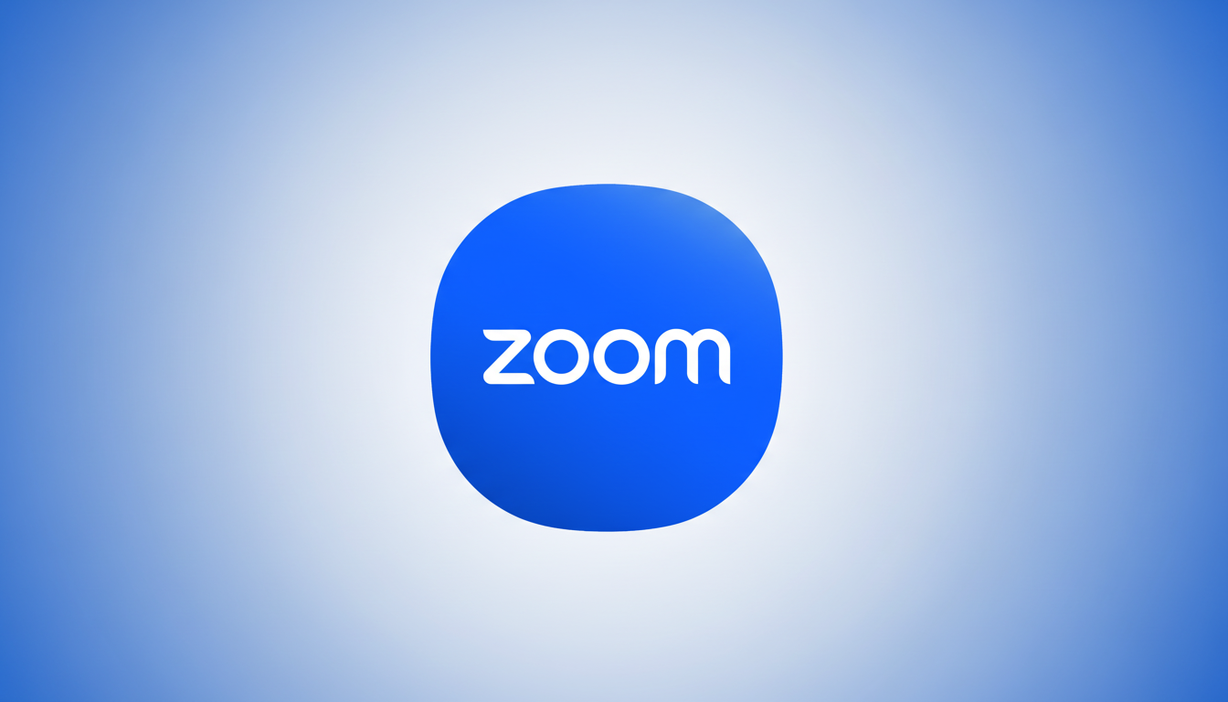 The Zoom logo, a white zoom wordmark on a blue circle, centered on a professional 16:9 background with a soft blue and white gradient.
