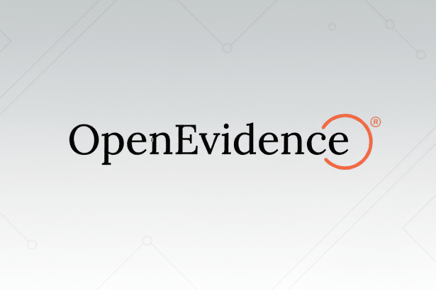 The Open Evidence logo, featuring the word Open Evidence in black serif font with an orange , incomplete circle design enclosing a registered trademark symbol, set against a professional light grey background with subtle geometric line patterns. Filename : op enev idencelogo professional background .png