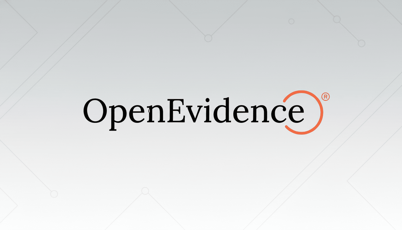 The Open Evidence logo, featuring the word Open Evidence in black serif font with an orange , incomplete circle design enclosing a registered trademark symbol, set against a professional light grey background with subtle geometric line patterns. Filename : op enev idencelogo professional background .png