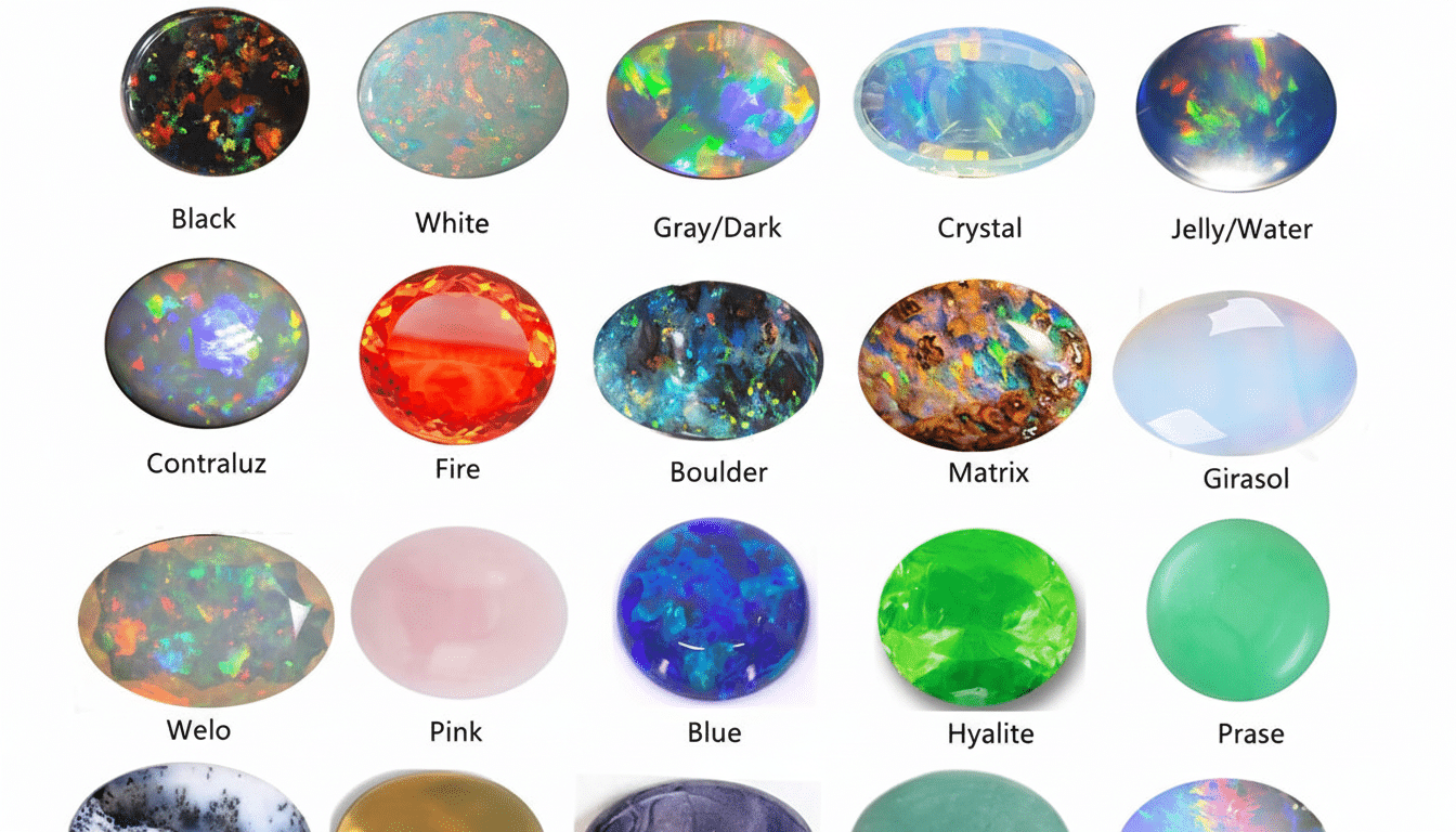 A collage of various opal types , including black, white, gray/ dark, crystal, jelly/water, contral uz, fire, boulder, matrix, girasol, welo, pink , blue, hy alite, pr ase, dendritic , honey, mor ado, peruvian , and hydroplane , each with distinct colors and patterns .
