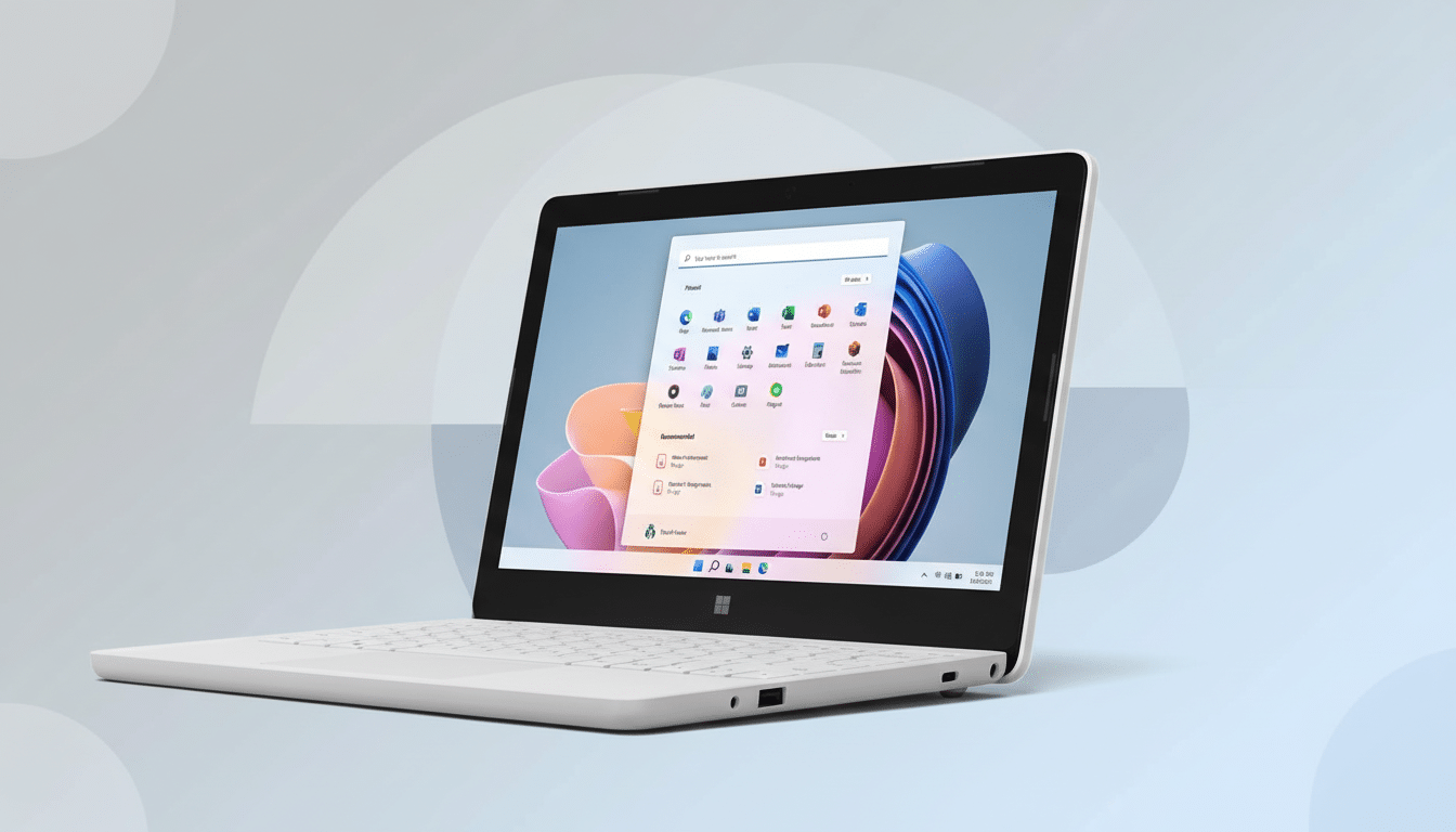 A white laptop with a dark screen displaying the Windows 11 interface, placed on a light blue background with a subtle semic ircular pattern.