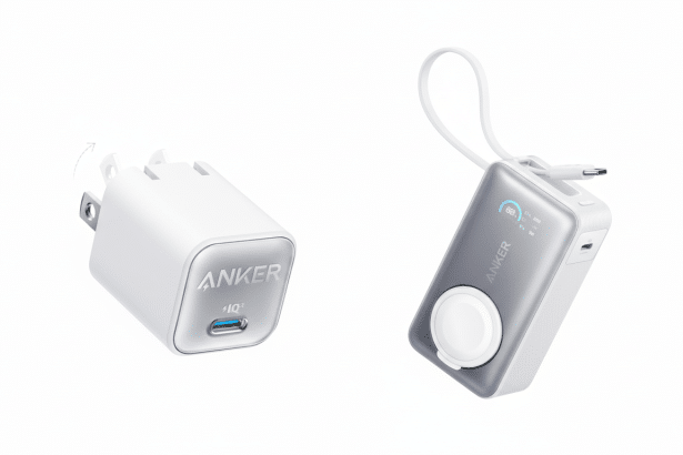 A white Anker wall charger with a blue USB -C port and an Anker portable power bank with a circular white charging pad and a small display, both set a