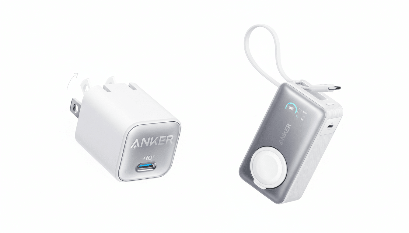 A white Anker wall charger with a blue USB -C port and an Anker portable power bank with a circular white charging pad and a small display, both set a