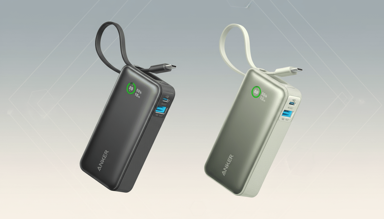 Two An ker power banks, one black and one light green, are shown angled against a professional, soft gray- gradient background with subtle abstract pa