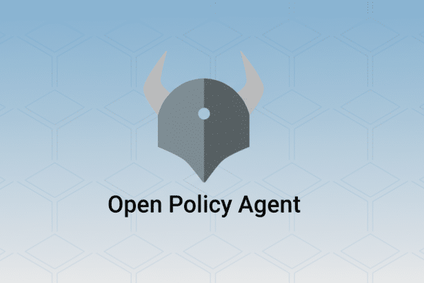The Open Policy Agent logo , a stylized grey Viking helmet with horns , centered on a blue gradient background with subtle hexagonal patterns, formatted for a professional 16: 9 aspect ratio.