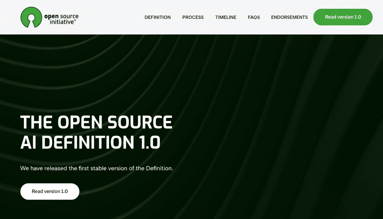 A screenshot of The Open Source AI Definition 1. 0 webpage, featuring the Open Source Initiative logo, navigation links, and a dark green background w