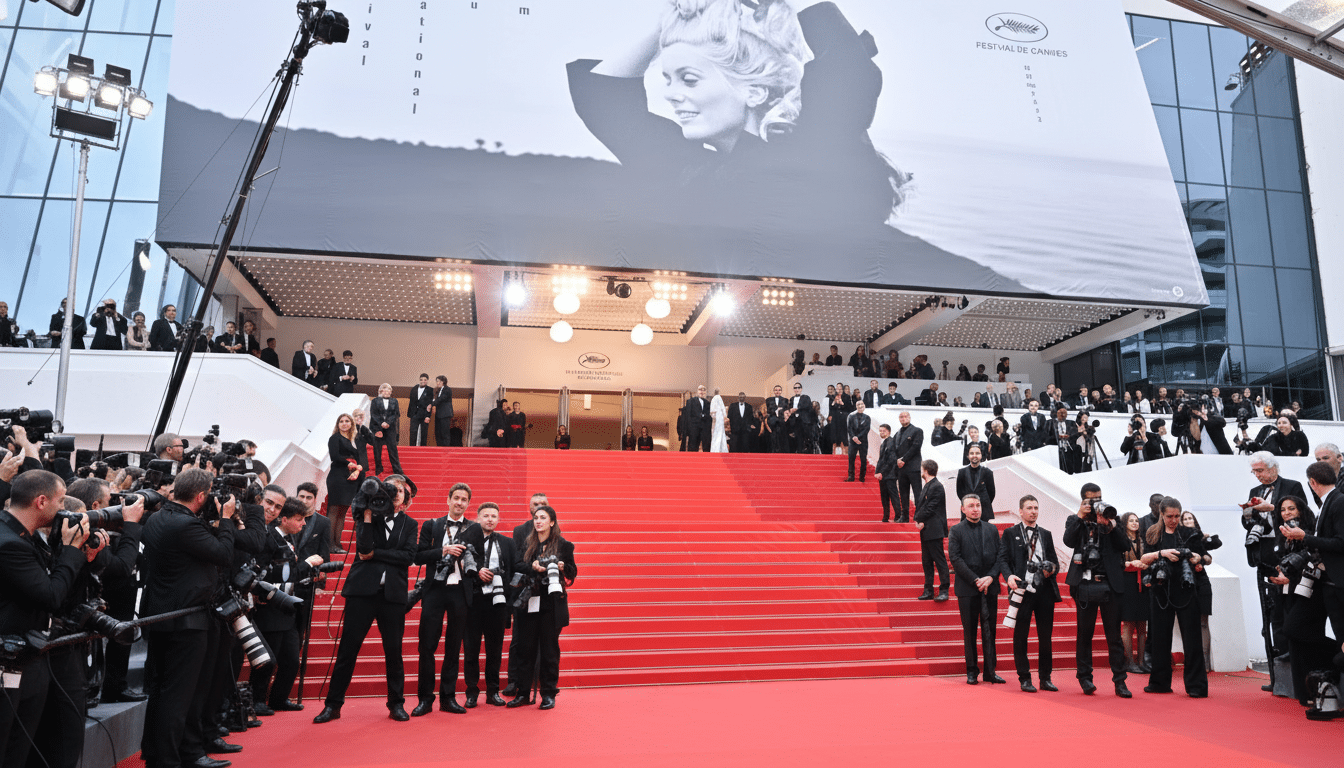 A wide shot of the red carpet event at the Cannes Film Festival, with a large black and white banner featuring an actress visible above the entrance.