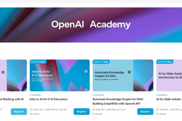 A screenshot of the OpenAI Academy website, displaying various courses available, including Intro to AI for K- 12 Educators, Automate Knowledge Graphs for RAG , and AI for Older Adults.