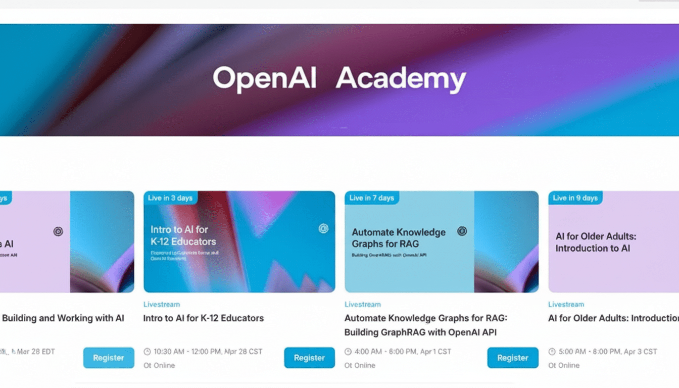 A screenshot of the OpenAI Academy website, displaying various courses available, including Intro to AI for K- 12 Educators, Automate Knowledge Graphs for RAG , and AI for Older Adults.