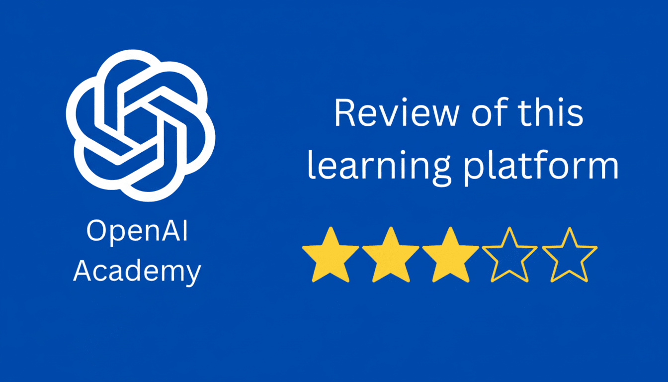A professional graphic displaying the OpenAI Academy logo and a 3 .5-star rating for a learning platform review on a blue background.