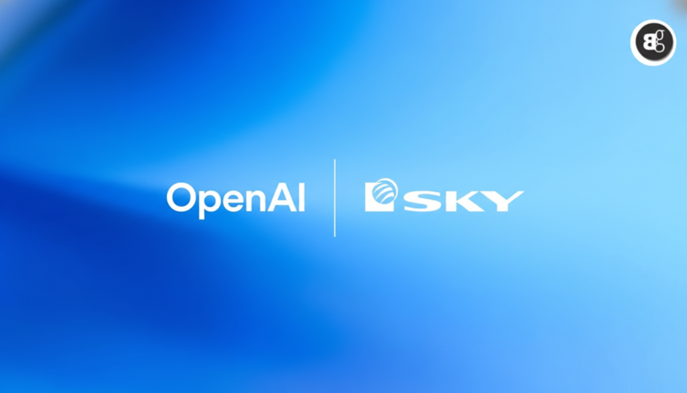 The OpenAI and Sky logos are displayed side-by-side on a blue gradient background, separated by a vertical white line.