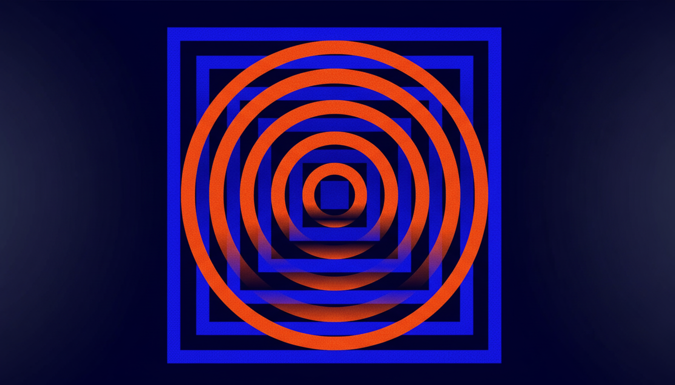 An abstract image featuring concentric blue squares and orange circles on a dark blue background, resized to a 16:9 aspect ratio with a subtle gradient background.