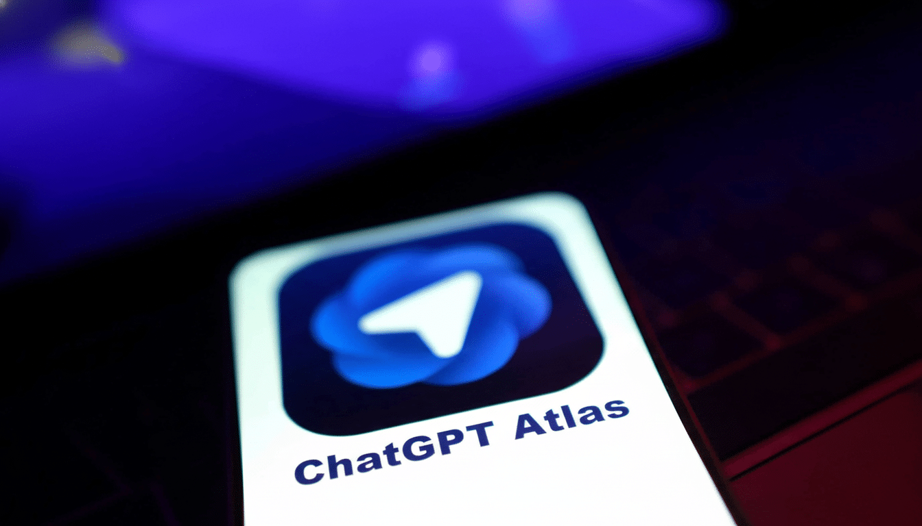 The  ChatGPT Atlas app icon displayed on a smartphone screen , featuring a blue circular logo with a white paper airplane design .