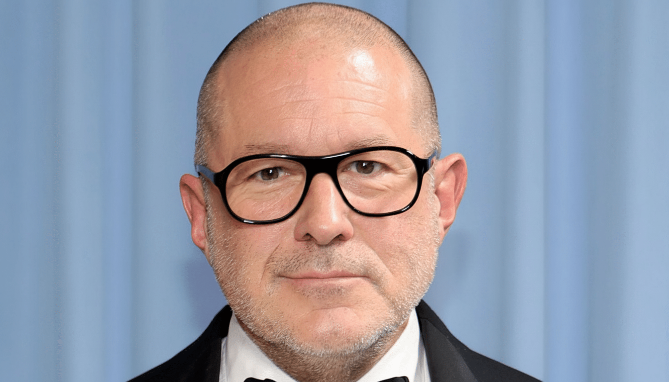 Close- up of a bald man with black - rimmed glasses, wearing a tuxedo, against a light blue background.
