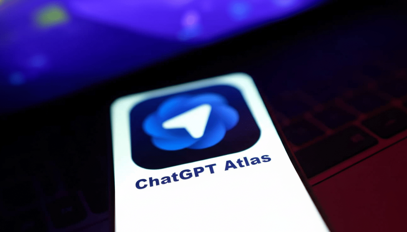 The ChatGPT Atlas app icon displayed on a smartphone screen , with a dark blue background and a white paper plane logo , resized to a 1 6:9 aspect ratio. Filename : chatgpt atlasapp icon1 69. png