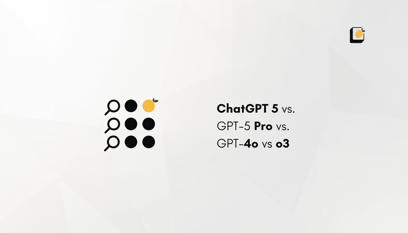 An image comparing ChatGPT 5, GPT-5 Pro, and GPT- 4o vs o 3, featuring a grid of black circles and magnifying glasses, with one orange circle at the t