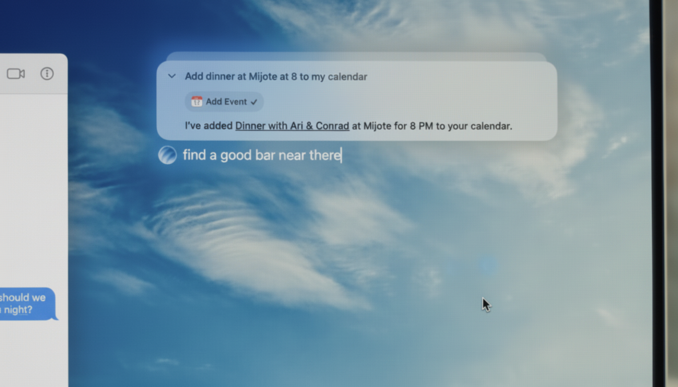 A computer screen displaying a calendar event being added and a search query for a nearby bar.